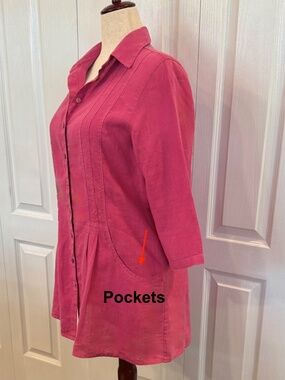 Vintage Women's 100% Linen Pink Tunic by Click, Pleated Bodice, Pockets, Size M.